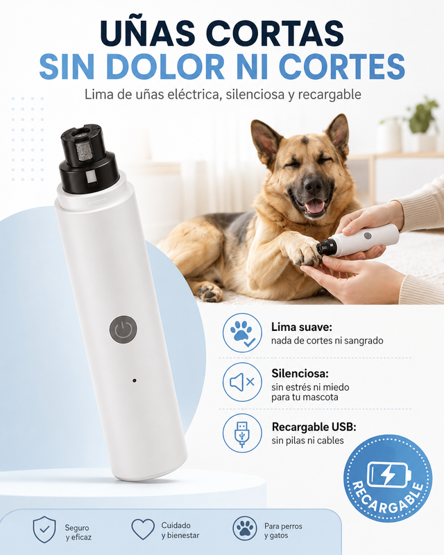 Lima de Uñas Eléctrica para Mascotas — Uñas Cortas Sin Dolor ni Cortes