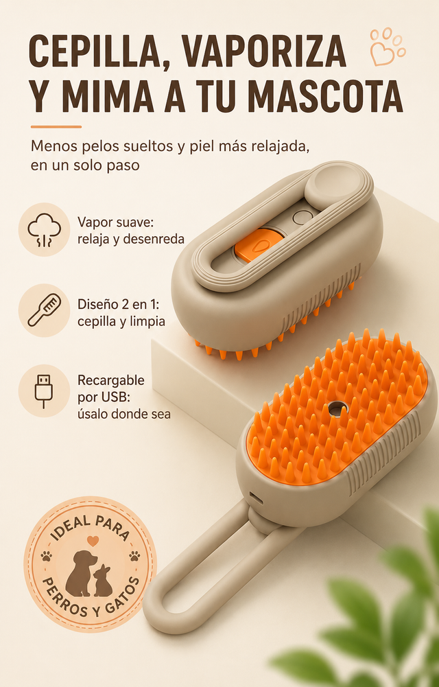 Cepillo de Vapor con Mango para Mascotas — Baño en Seco Sin Estrés