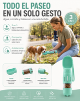Botella Dispensadora 3 en 1 para Paseos — Agua, Comida y Bolsas en Uno