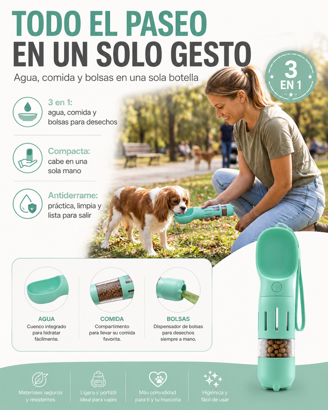 Botella Dispensadora 3 en 1 para Paseos — Agua, Comida y Bolsas en Uno
