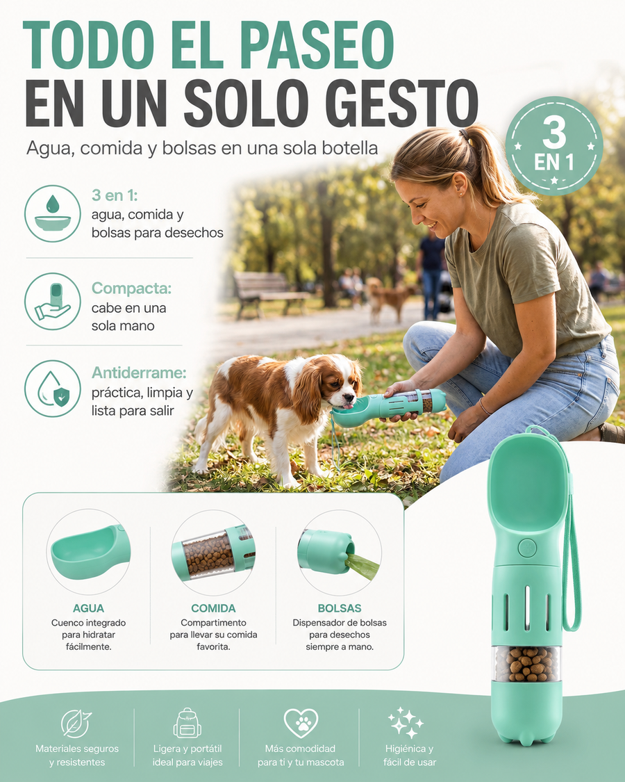 Botella Dispensadora 3 en 1 para Paseos — Agua, Comida y Bolsas en Uno