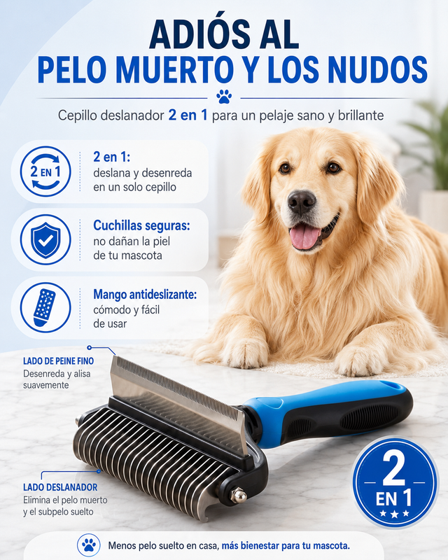 Cepillo Deslanador 2 en 1 para Mascotas — Elimina el Pelo Muerto y los Nudos