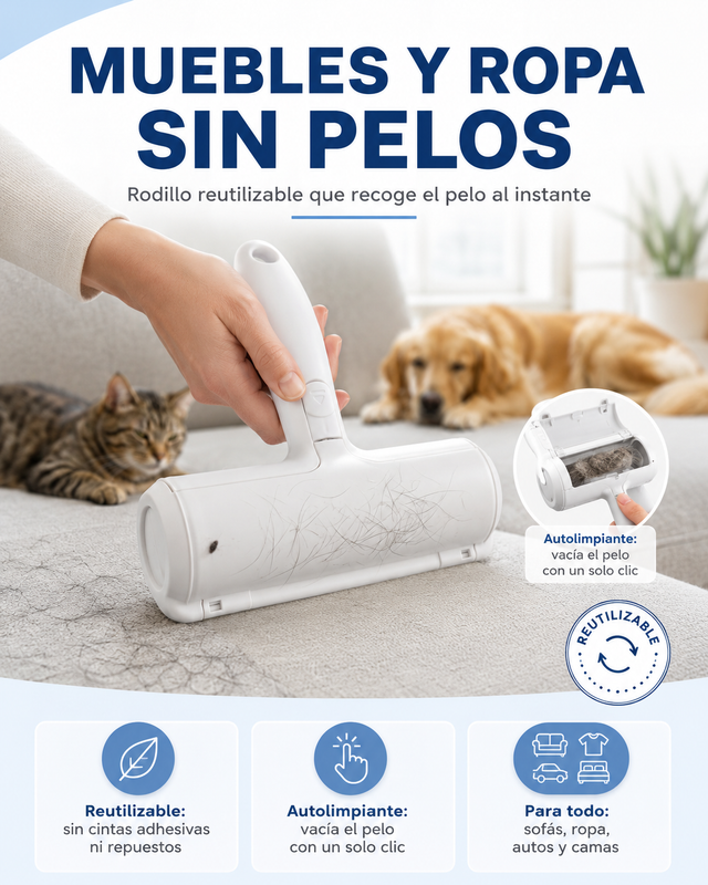 Rodillo Removedor de Pelo para Mascotas — Muebles y Ropa Sin Pelos al Instante