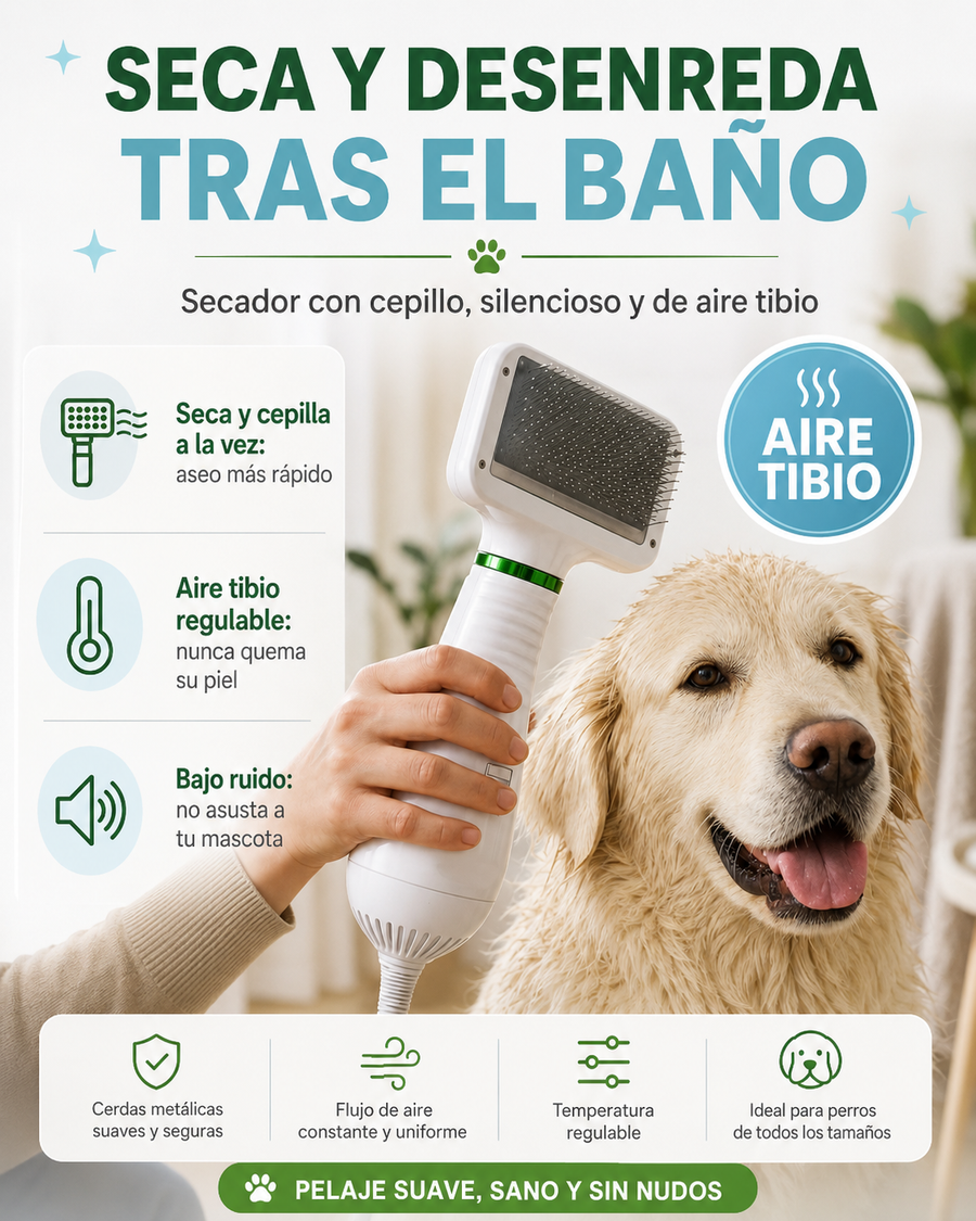 Secador de Pelo para Mascotas — Seca y Desenreda Tras el Baño