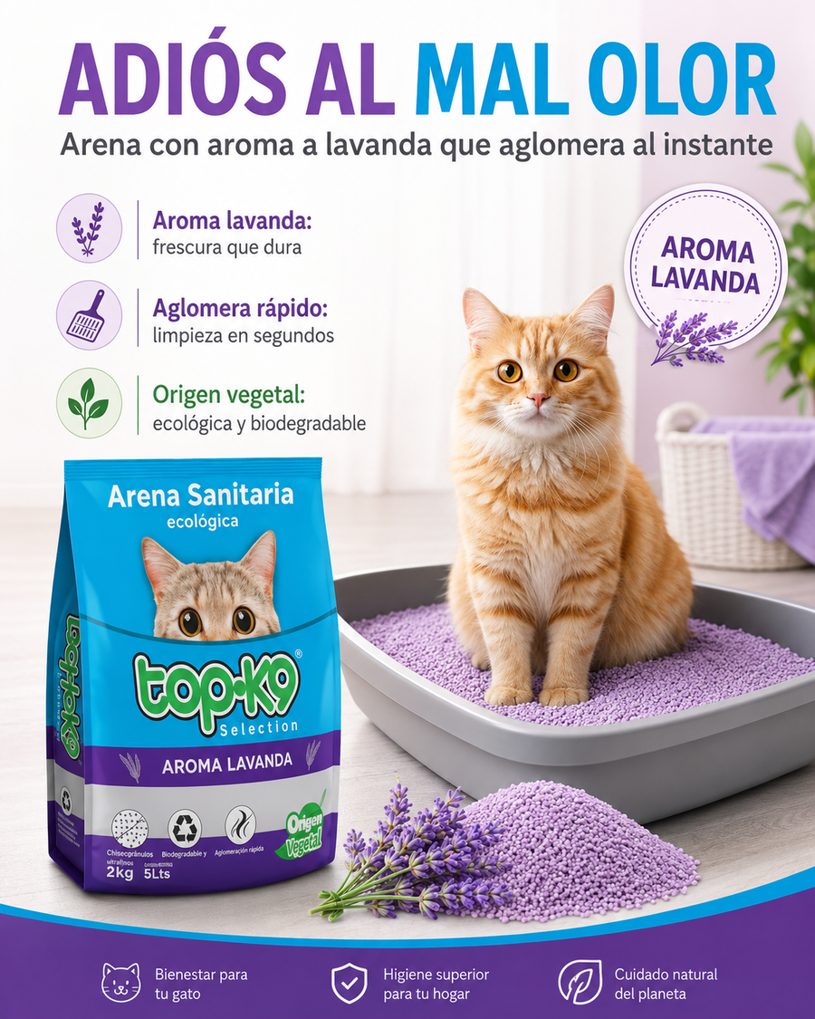 Arena Sanitaria Aroma Lavanda para Gatos — Controla el Olor al Instante