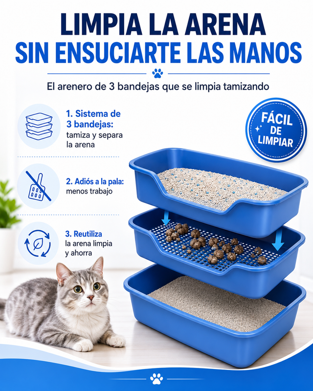 Arenero para Gatos con 3 Bandejas — Limpieza Fácil y Sin Olores
