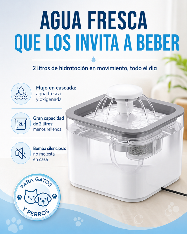 Fuente de Agua para Mascotas 2L — Agua Fresca y en Movimiento Todo el Día