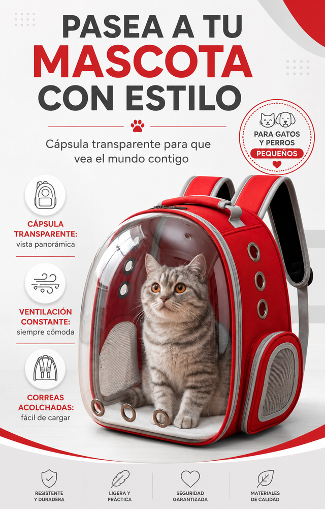 Mochila Transportadora para Mascotas (Roja) — Paseos Seguros y Cómodos